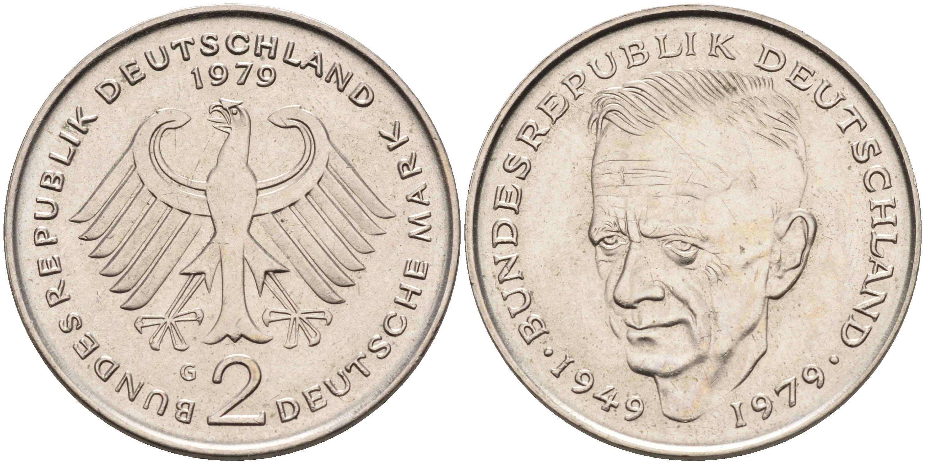 ФРГ 2 марки 1979 G, Курт Шумахер J.424  KM 149 медно-никель плакированный никелем 4592-1252