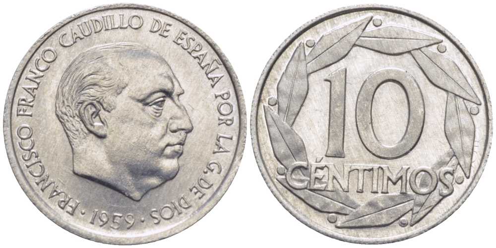 Испания 10 сентимо 1959 Франсиско Франко (1939-1975) KM 790 алюминий UNC 116-1042