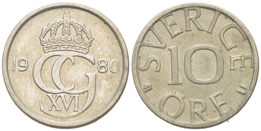 Швеция 10 эре 1980 Карл XVI Густав (1973- ) KM 850 медно-никель 3955-343