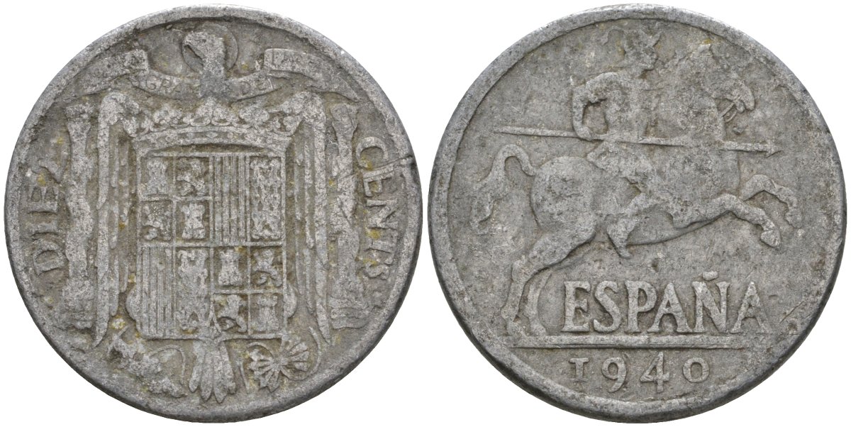 Испания 10 сентимо 1940 Франсиско Франко (1939-1975) KM 766 алюминий 4604-511