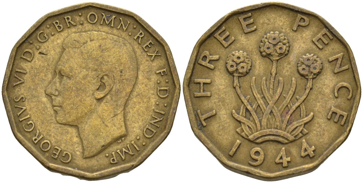 Великобритания 3 пенса 1944 Георг VI (1936-1952) KM 849, Spink 4112 никель латунь 4146-327