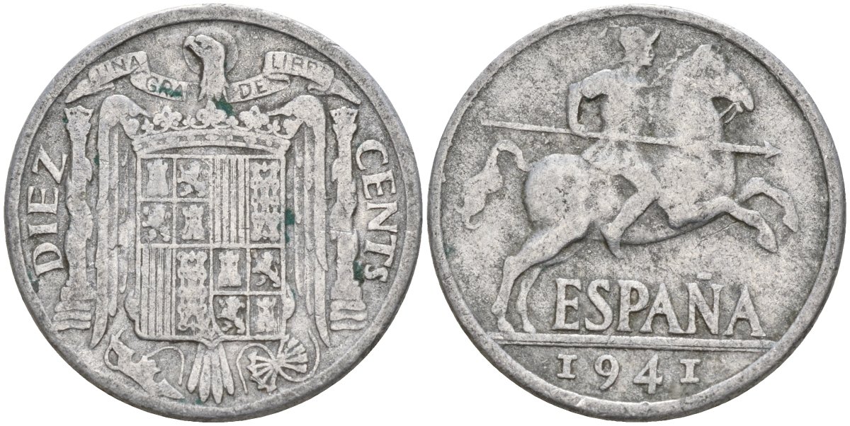 Испания 10 сентимо 1941 Франсиско Франко (1939 - 1975) KM 766 алюминий 4155-217