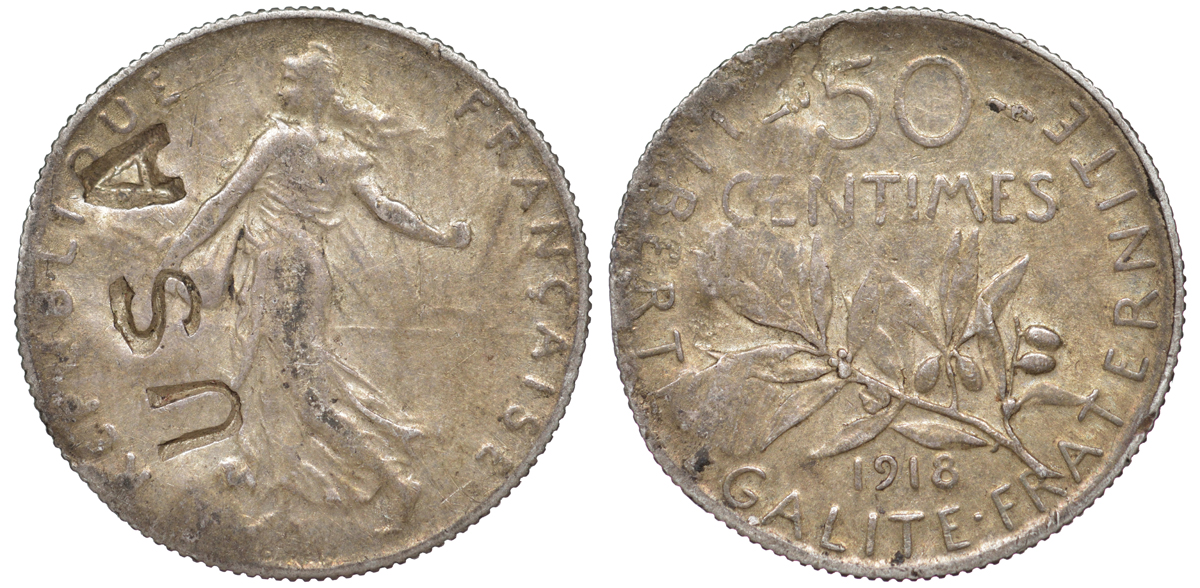 ФРАНЦИЯ 50 САНТИМОВ 1919 KM 854 серебро 4178-212