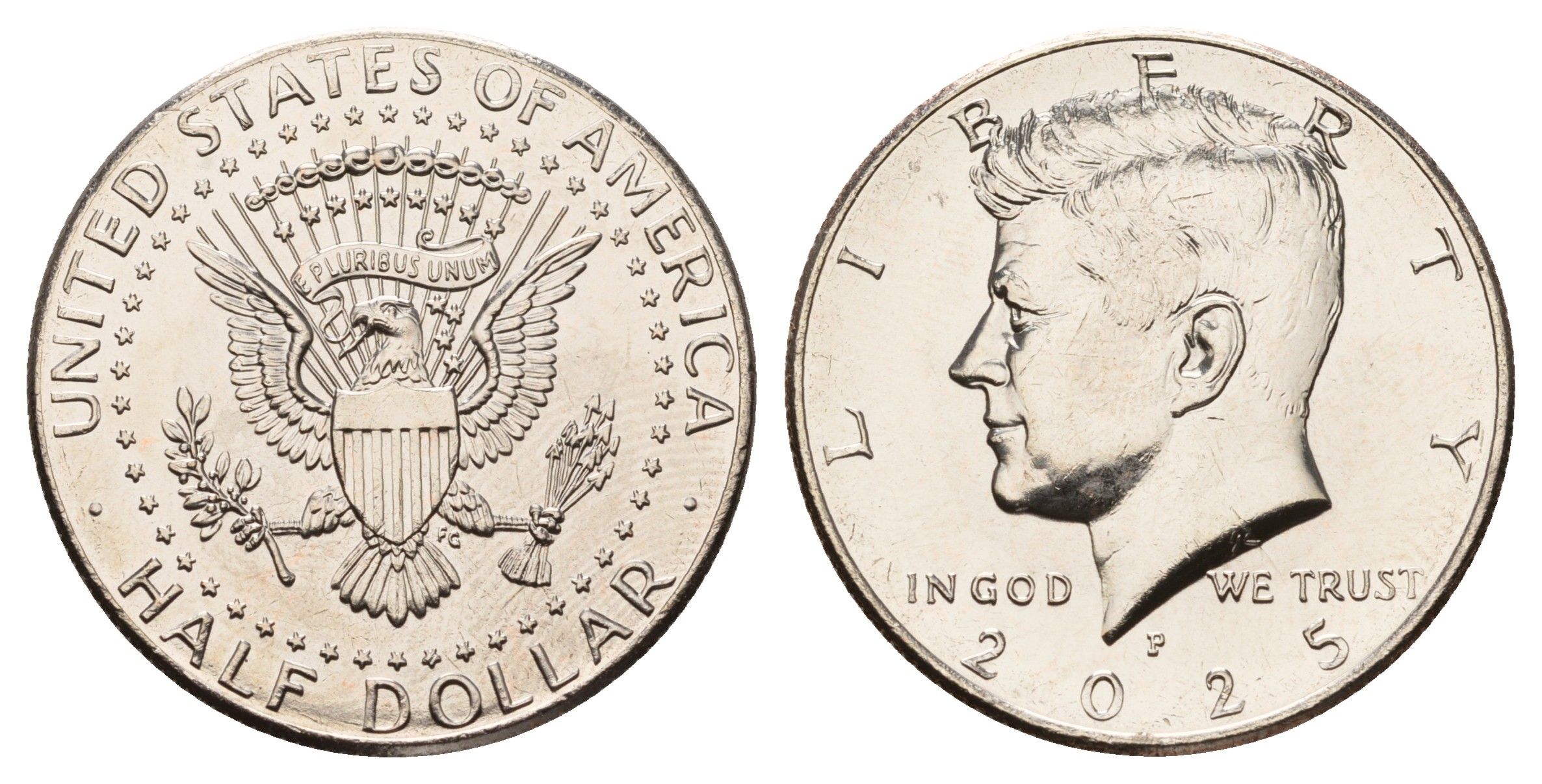 США 1/2 доллара (50 центов) 2025 P, Джон Кеннеди KM A202b медь плакированная медно-никелем UNC 4545-1143