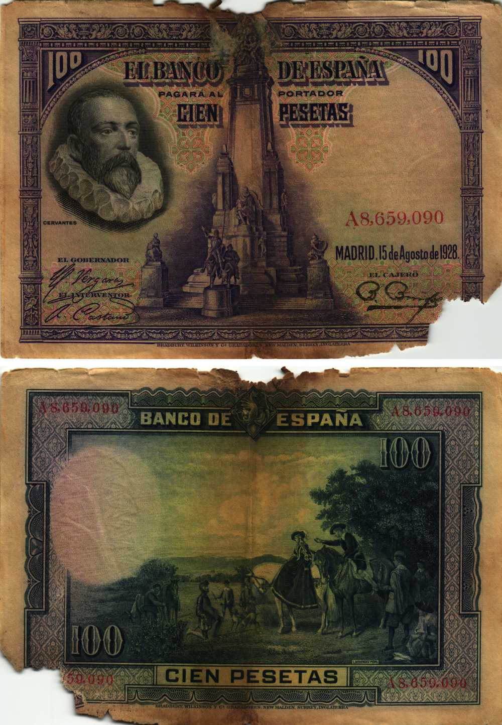 Испания 100 песет 1928 Мигель де Сервантес Сааведра, памятник Сервантесу, картина Дон Кихот Pick 76 а бумага 8609-38-1