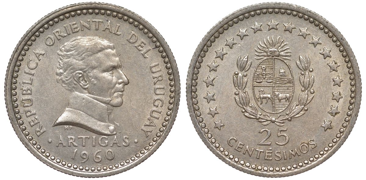 Уругвай 25 сентесимо 1960 KM 40 медно-никель 4576-136