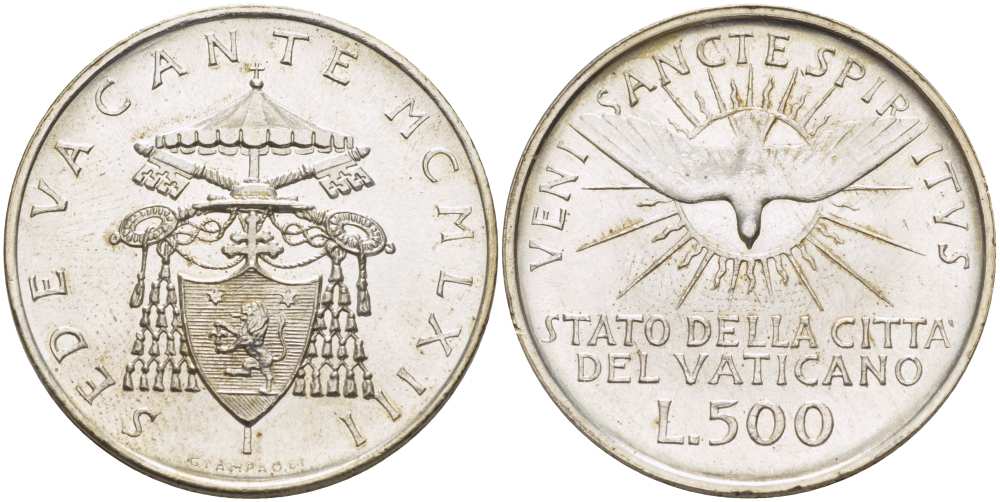 Ватикан 500 лир 1963 вакантный престол (Sede Wacante) KM 75 серебро 3333-1113