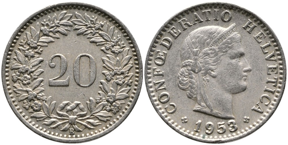 ШВЕЙЦАРИЯ 20 РАППЕНОВ 1953 В KM 29а медно-никель 4539-553