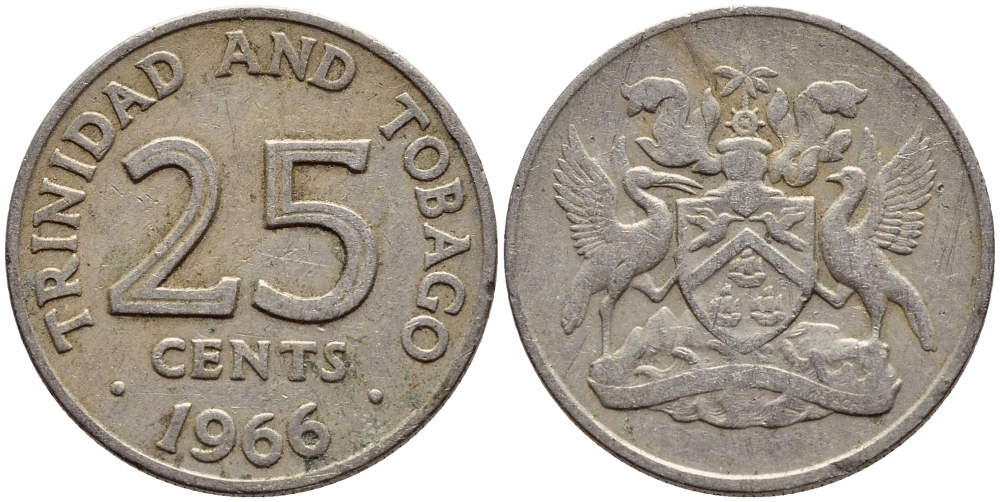 Тринидад и Тобаго 25 центов 1966 герб KM 4 медно-никель 4396-651