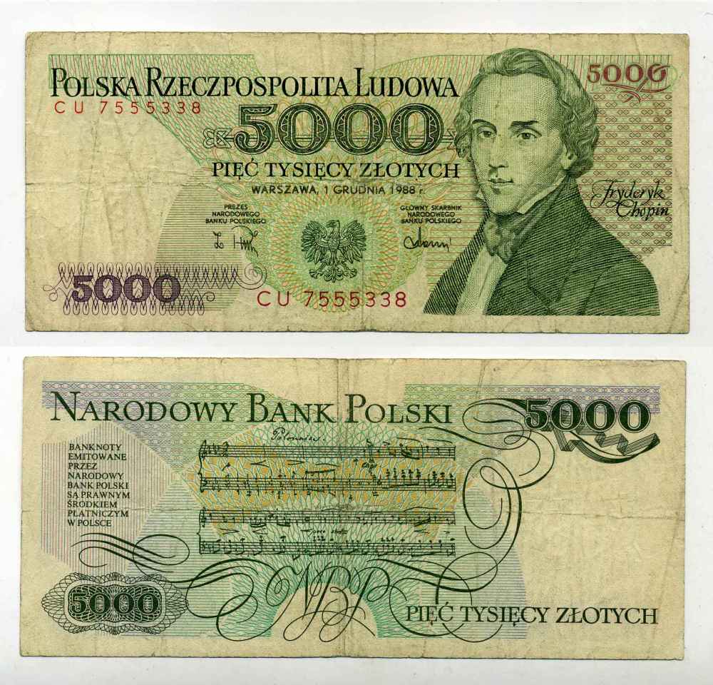 ПОЛЬША 5000 ЗЛОТЫХ 1988 ФРЕДЕРИК ШОПЕН Pick 150c бумага 8588-65-3-2