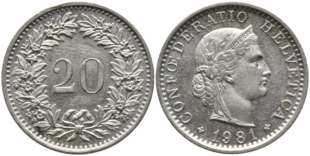 Швейцария 20 раппенов 1981 KM 29а медно-никель 4539-631