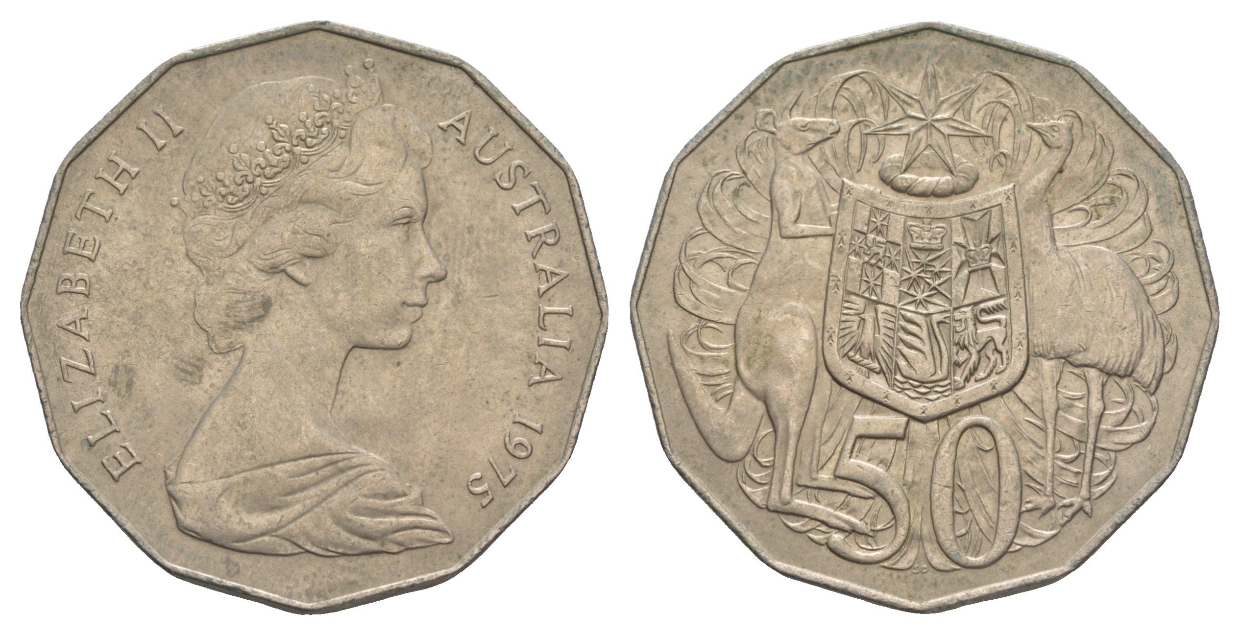 Австралия 50 центов 1975 Елизавета II (1952-2022), герб Австралии, кенгуру KM 68 медно-никель 4653-1121