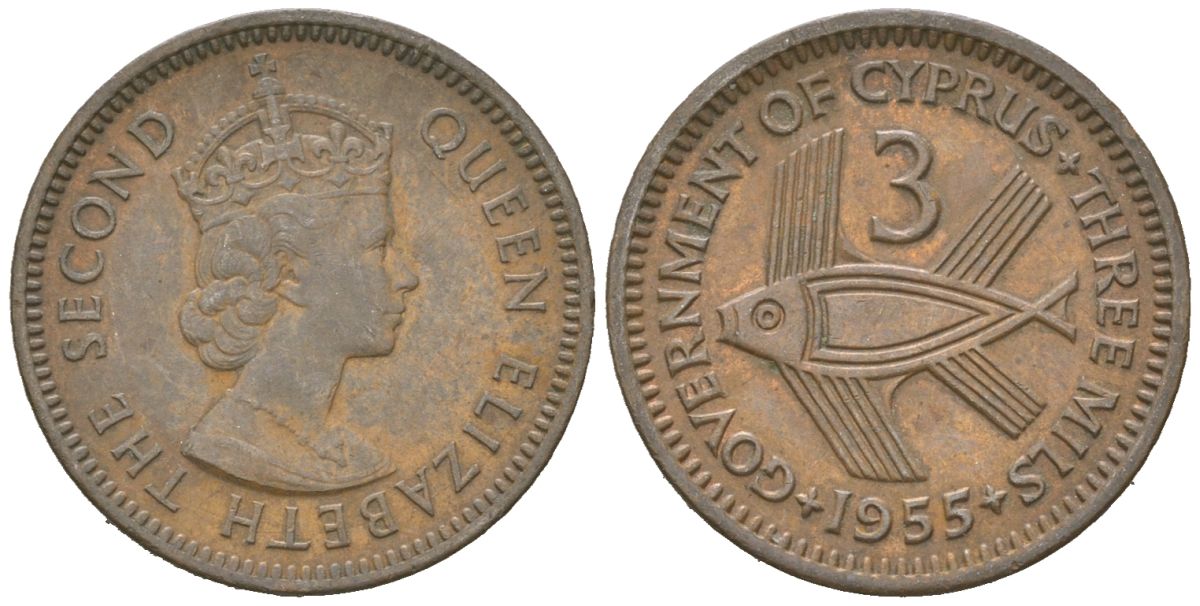Кипр 3 миля 1955 Елизавета II (1952-2022), рыба KM 33 бронза 4152-618