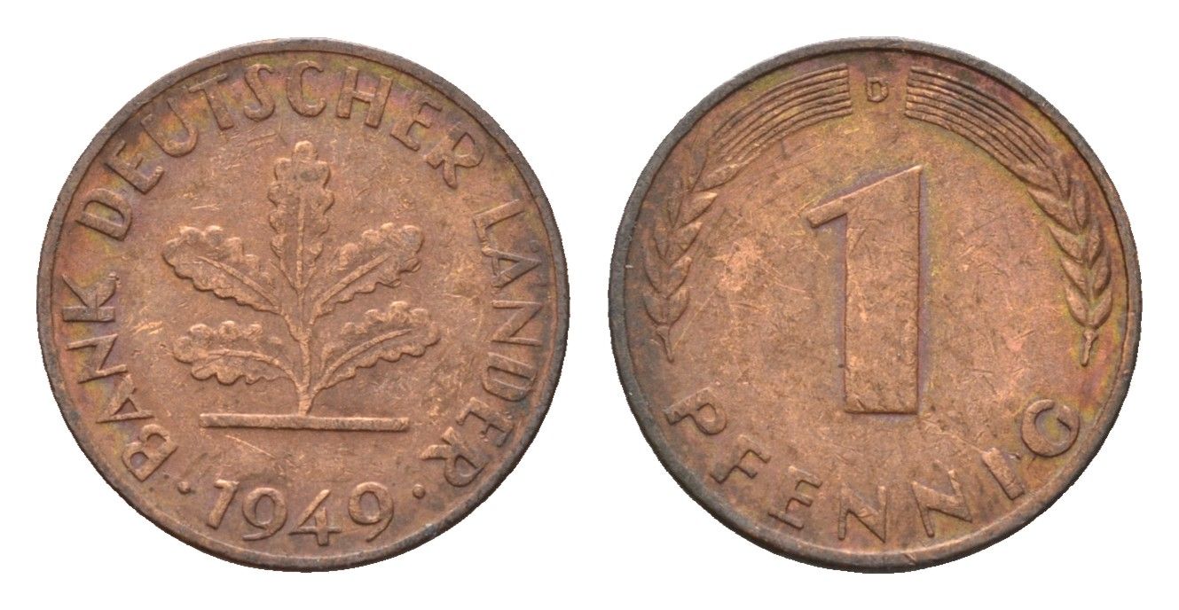 ФРГ 1 пфенниг 1949 D KM A101, J. 376 сталь плакированная медью 4685-339