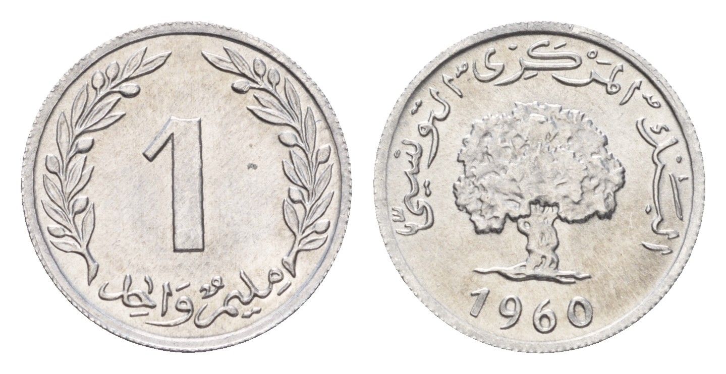 Тунис 1 миллим 1960 год-тип, пробковый дуб KM 280 алюминий UNC 4655-126