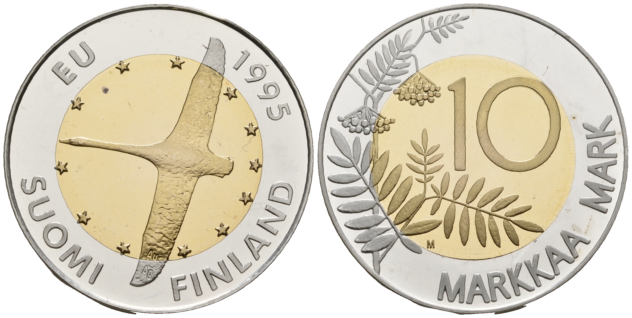 Финляндия 10 марок 1995 М, европейское единство, с сертификатом KM 82а биметалл, серебро, золото PROOF 00-00