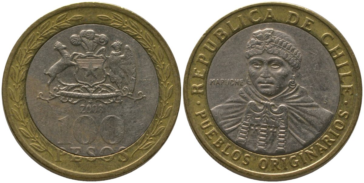 Чили 100 песо 2008 So KM 236, Schon 84 биметалл 4544-222