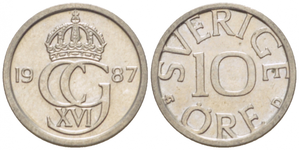 Швеция 10 эре 1987 D, Карл XVI Густав (1973- ) КМ 850 медно-никель 3955-356