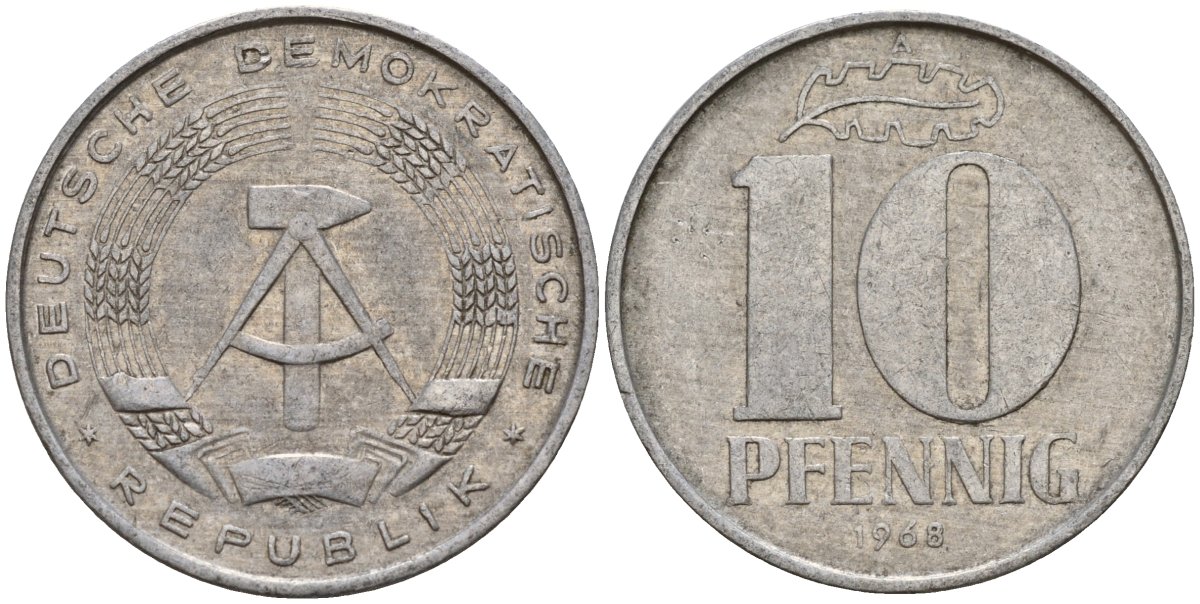 ГДР 10 пфеннигов 1968 A KM 10 алюминий 55-346