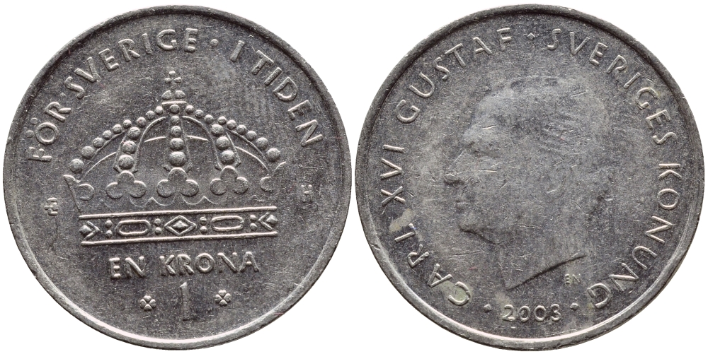 Швеция 1 крона 2003 Карл XVI Густав (1973- ) KM 894 медно-никель 4179-745