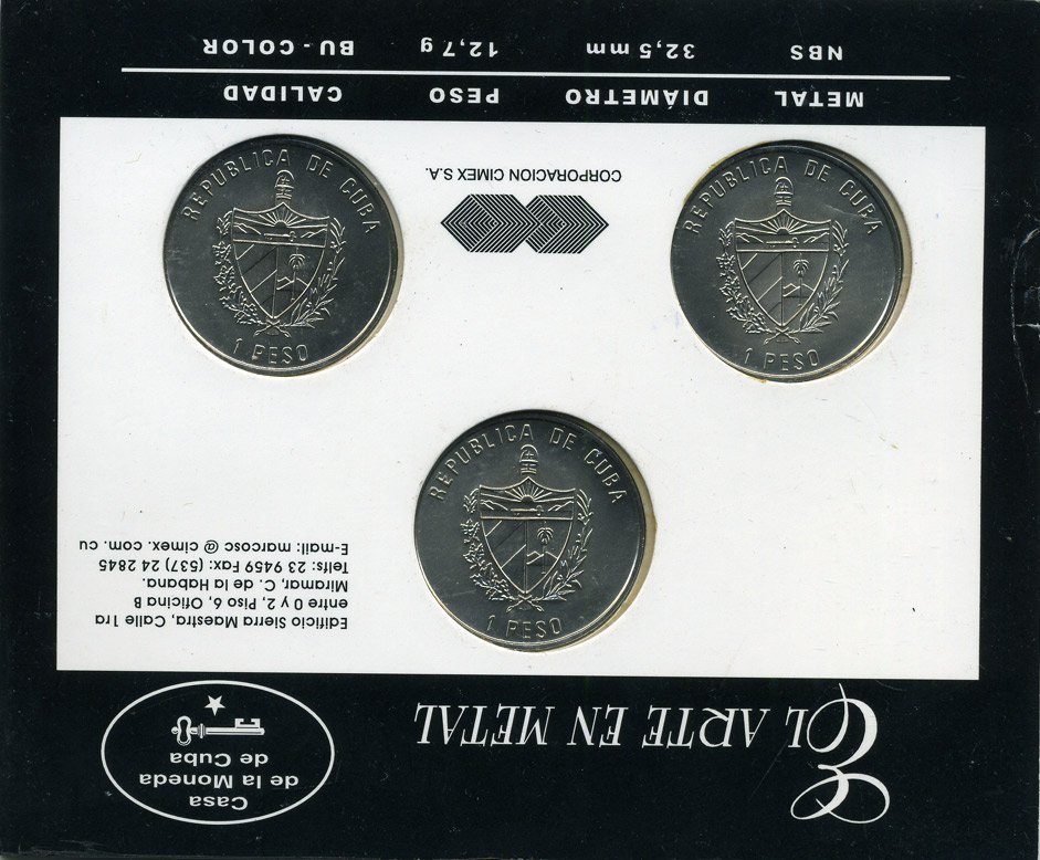 Куба набор из 3 монет по 1 песо 2001 серия фауна Кубы, эмаль KM 829, 834, 830 UNC 7-5-1-13