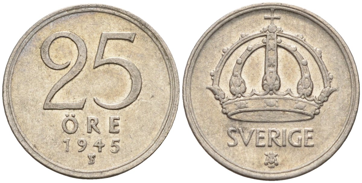 Швеция 25 эре 1945 G, Густав V (1907-1950) KM 816 серебро 4147-962