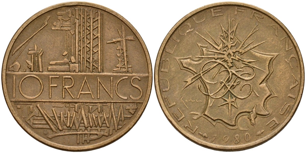 Франция 10 франков 1980 тип Матье KM 940, Le Franc 365.15-16 никель латунь 4179-231