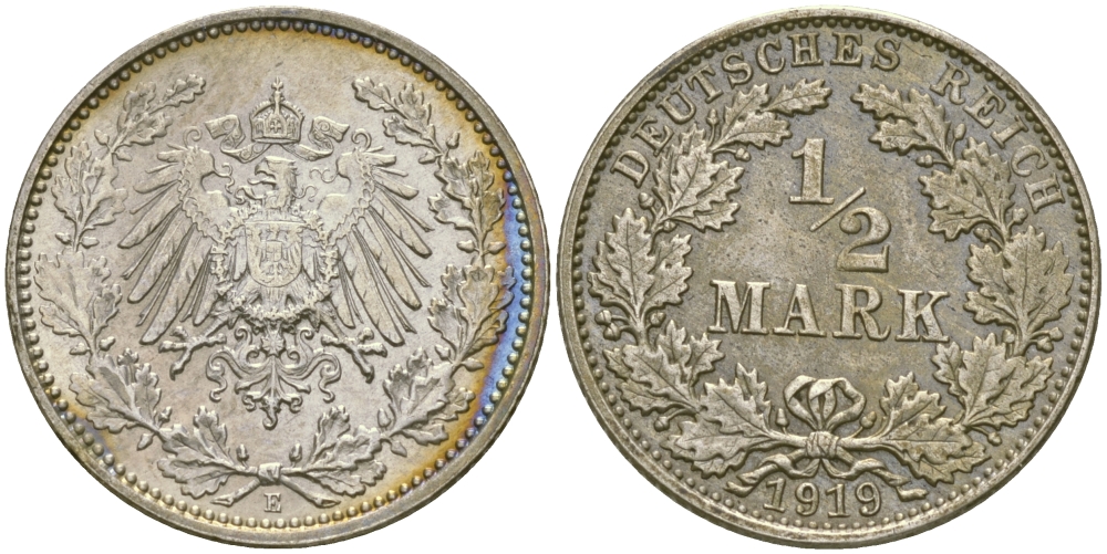 Германия 1/2 марки 1919 E J. 16, KM 17 серебро UNC 65-317