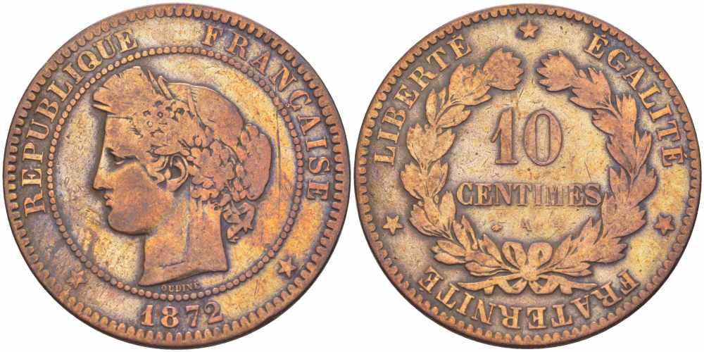 ФРАНЦИЯ 10 САНТИМОВ 1872 A, ТРЕТЬЯ РЕСПУБЛИКА (1871-1940) KM 815.1, LA FRANC 135.8 бронза 4389-1122