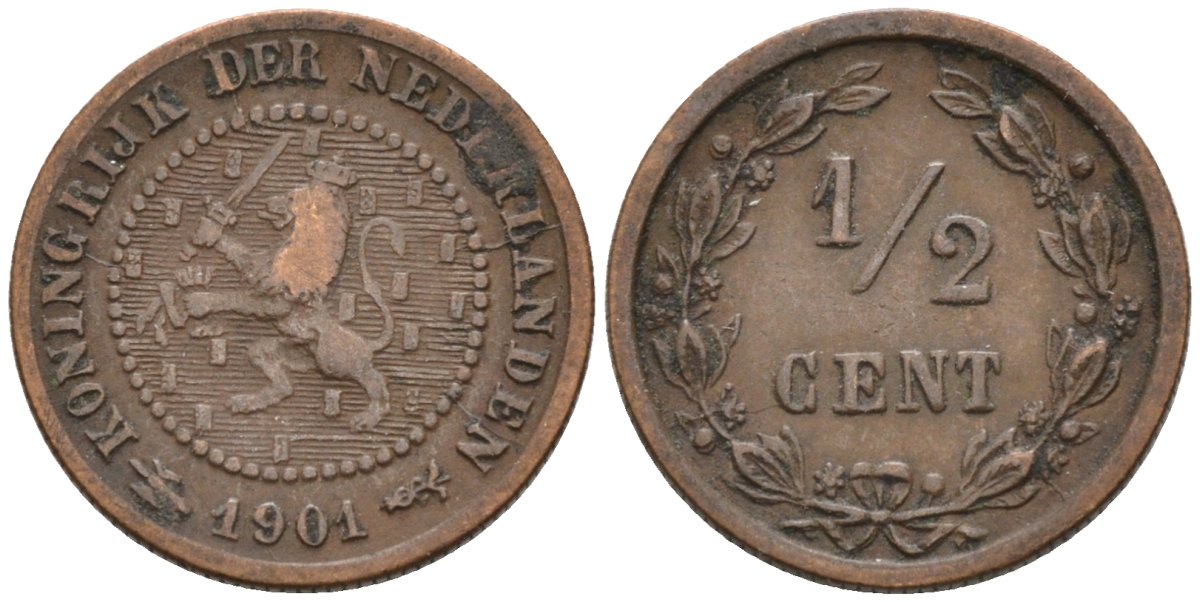Нидерланды 1/2 цента 1901 Вильгельмина (1890-1948) KM 109 бронза 4576-317