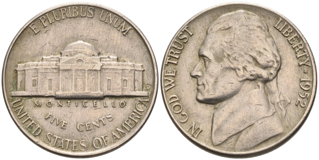 США 5 центов 1952 D, Джефферсон KM А192 медно-никель 92-1015
