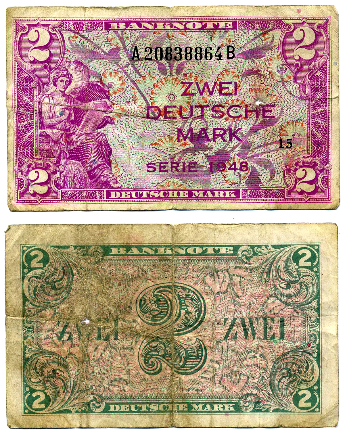 ФРГ 2 МАРКИ 1948 БЛОК 15, СЕРИЯ АВ, ВЫПУСК (20 МАЯ 1948 - 1 АПРЕЛЯ 1957) Pick 3а, Роземберг 234а бумага 7203-38-3-1