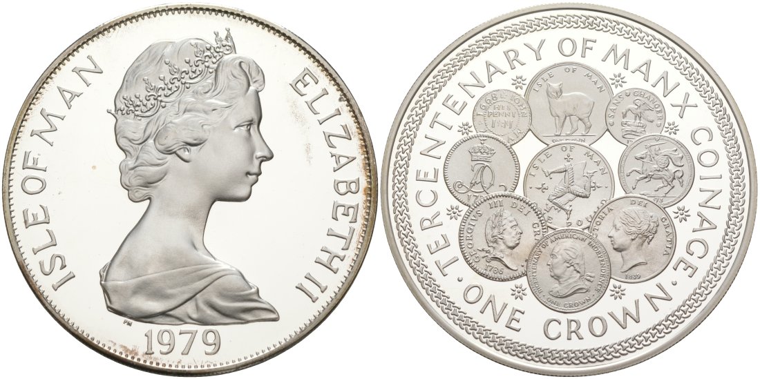 Остров Мэн 1 крона 1979 300 лет чеканке монет на острове Мэн, в оригинальной коробке, с сертификатом KM 45а серебро PROOF 3-4-4-21