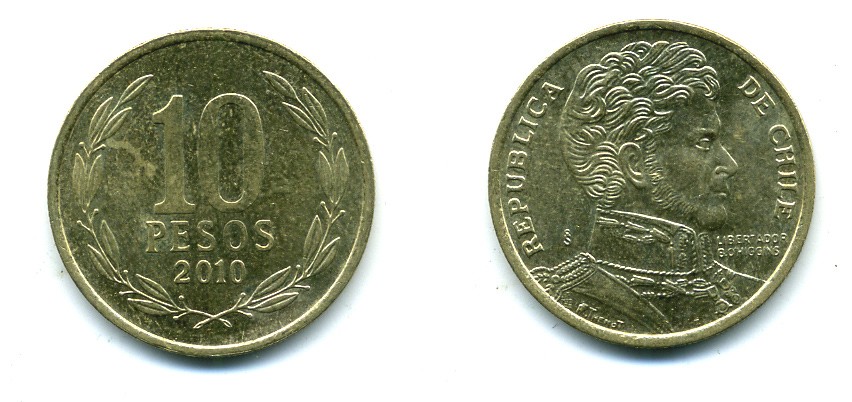 ЧИЛИ 10 ПЕСО 2010 ГЕНЕРАЛ БЕРНАРДО О ХИГГИНС KM 228.2 никель-бронза 37-846