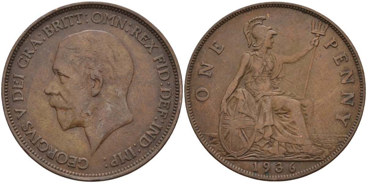Великобритания 1 пенни 1936 Георг V (1910-1936) KM 838, Spink 4055 бронза 4144-521
