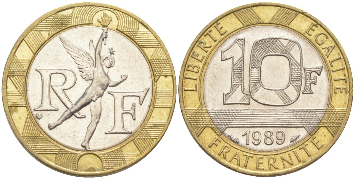 Франция 10 франков 1989 тип Гений Бастилии KM 964.1, Le Frank 375.3 биметалл 4519-233