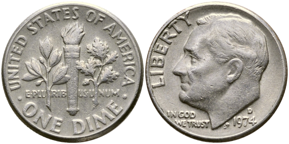 США 10 центов (дайм) 1974 D, Франклин Рузвельт KM 195а медь плакированная медно-никелем 54-814