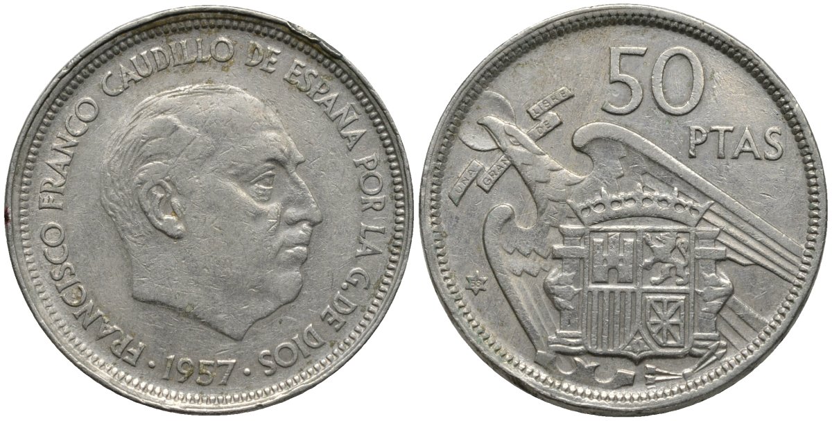 Испания 50 песет 1957 (58) Франсиско Франко (1939-1975) KM 788 медно-никель 4111-942