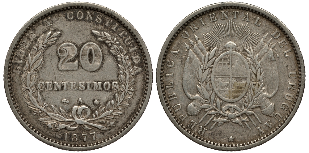 Уругвай 20 сентесимо 1877 А KM 15 серебро 633-621
