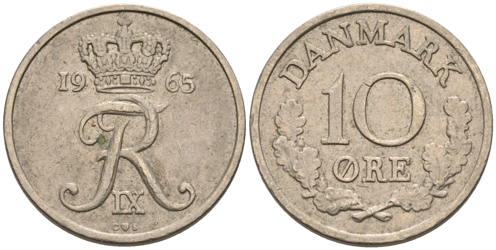 Дания 10 эре 1965 C;S, Фредерик IX (1947-1972) КМ 849.1 медно-никель 4564-1223