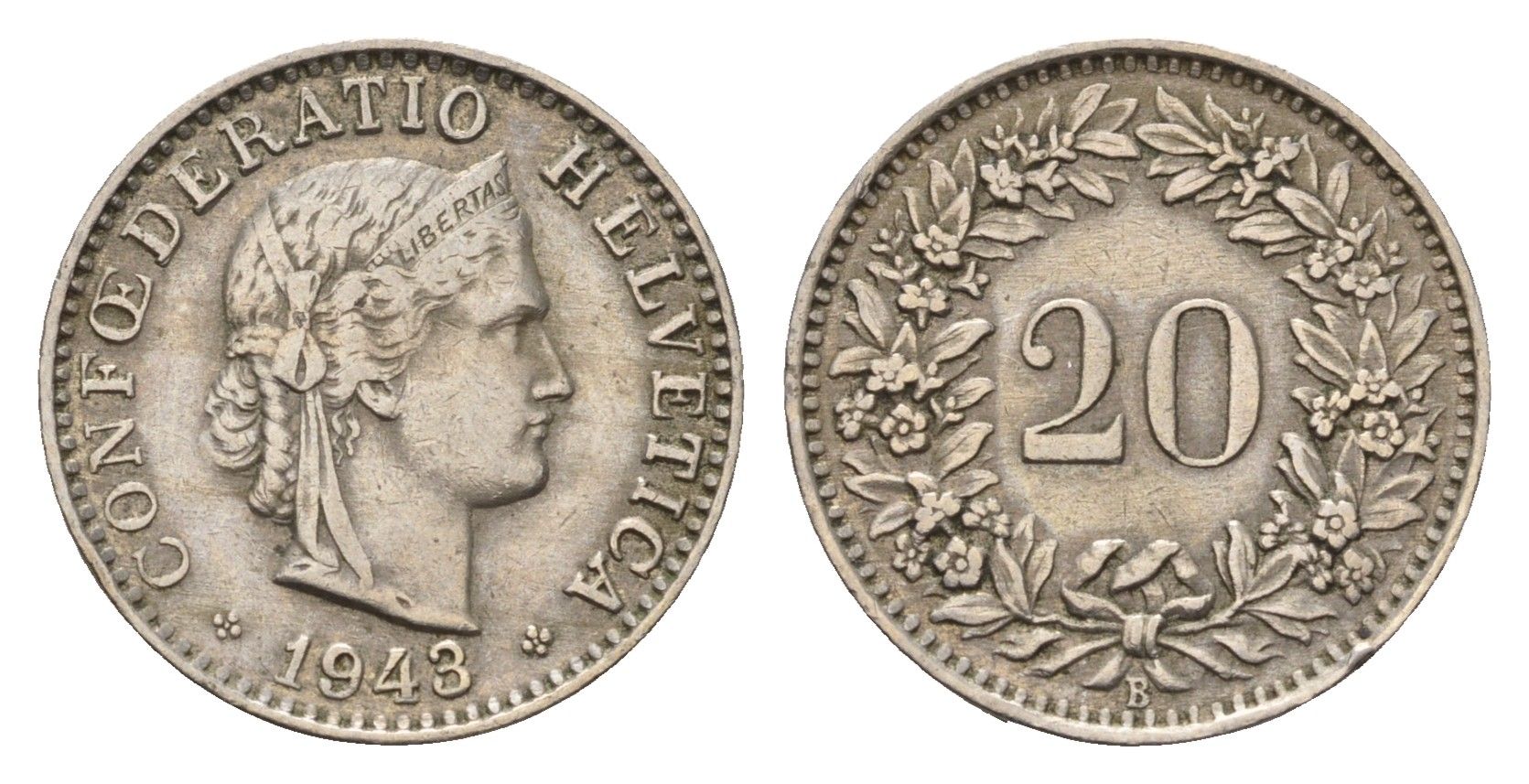 Швейцария 20 раппенов 1943 B KM 29a медно-никель 4702-353