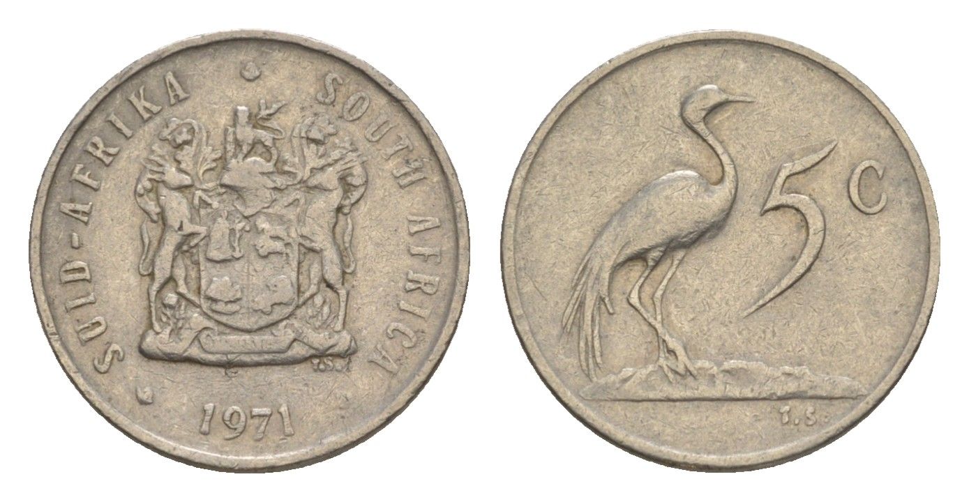 ЮАР 5 центов 1971 герб, райский журавль KM 84 никель 4602-959