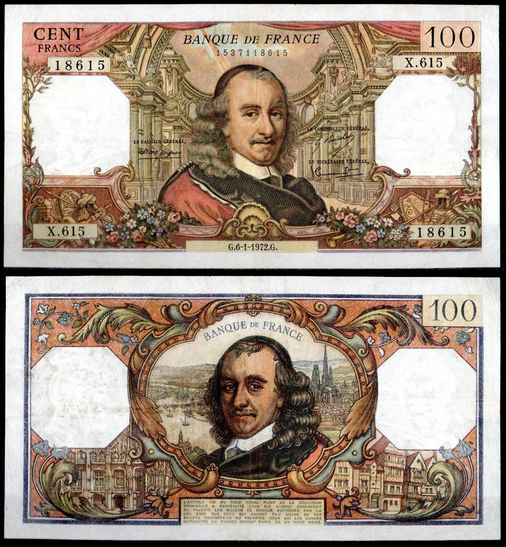 Франция 100 франков 1972 Пьер Корнель, Версальский Театр. Пьер Корнель, Руан Pick 149 d бумага 7198-26-2-2