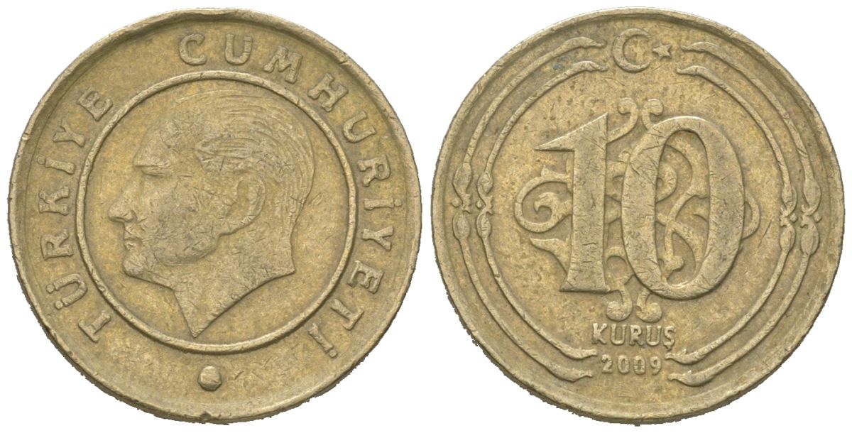 Турция 10 курушей 2009 Кемаль Ататюрк KM 1241 медь цинк никель 4621-627