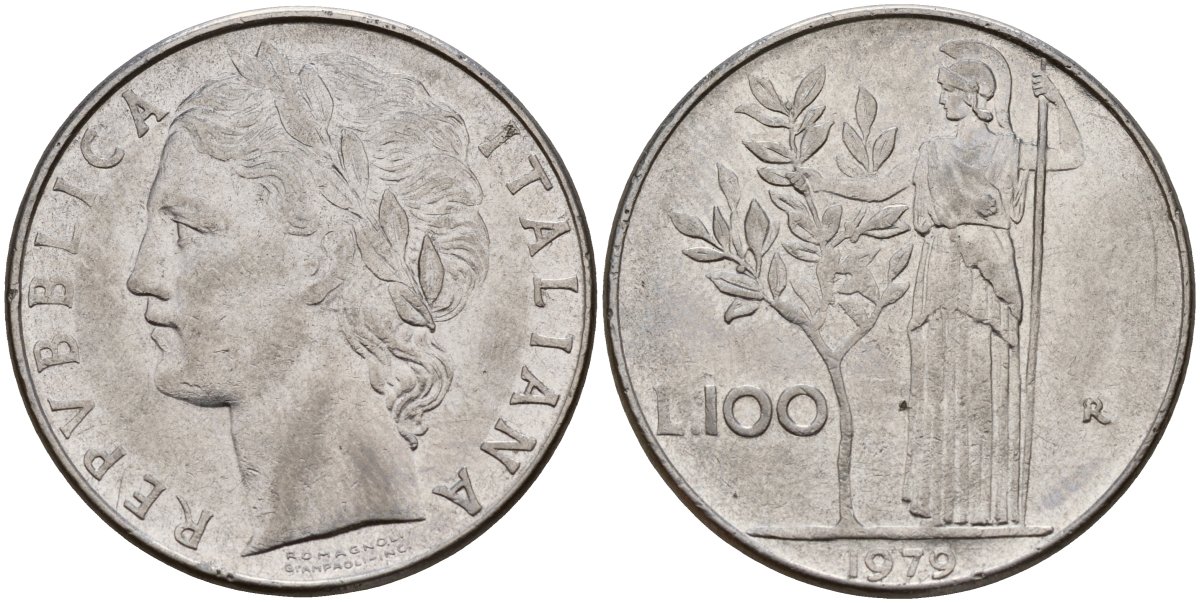 Италия 100 лир 1979 R, Афина у оливкого дерева KM 96.1 нержавеющая сталь 4149-1231