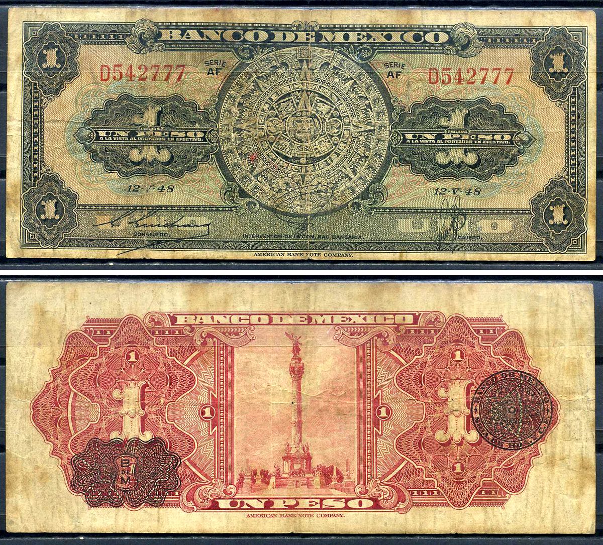 Мексика 1 песо 1948 серия AF Pick 38 d  бумага   2119-45-3-2