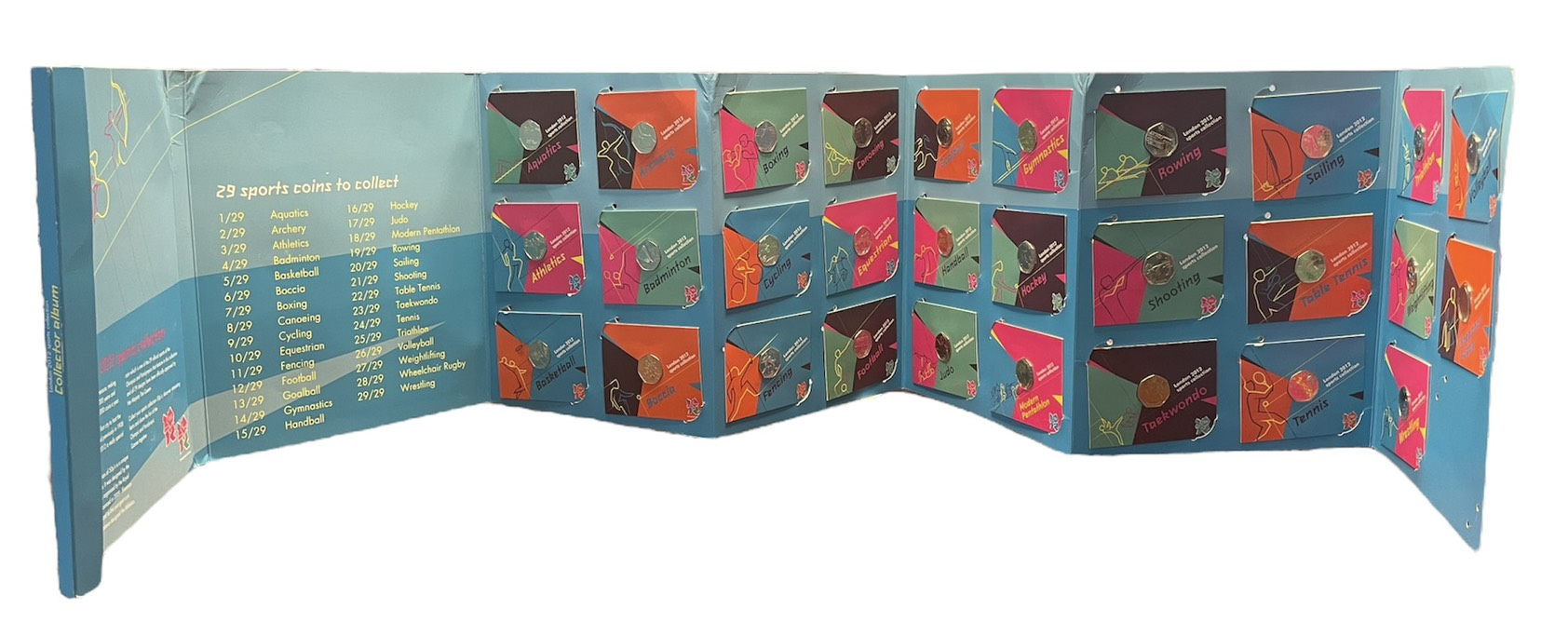 Великобритания, страны Британского содружества полный набор из 29 монет по 50 пенсов 2011 XXX Летние Олимпийские игры 2012 в Лондоне, все монеты в оригинальных блистерах KM NEW медно-никель  UNC  14-01-02-11