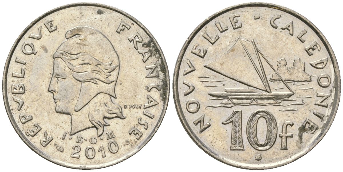 Французская Новая Каледония 10 франков 2010 рыбачья парусная лодка, (IEOM) KM 11a, Schoen 13a, Lec 99k медно-никель 3459-222