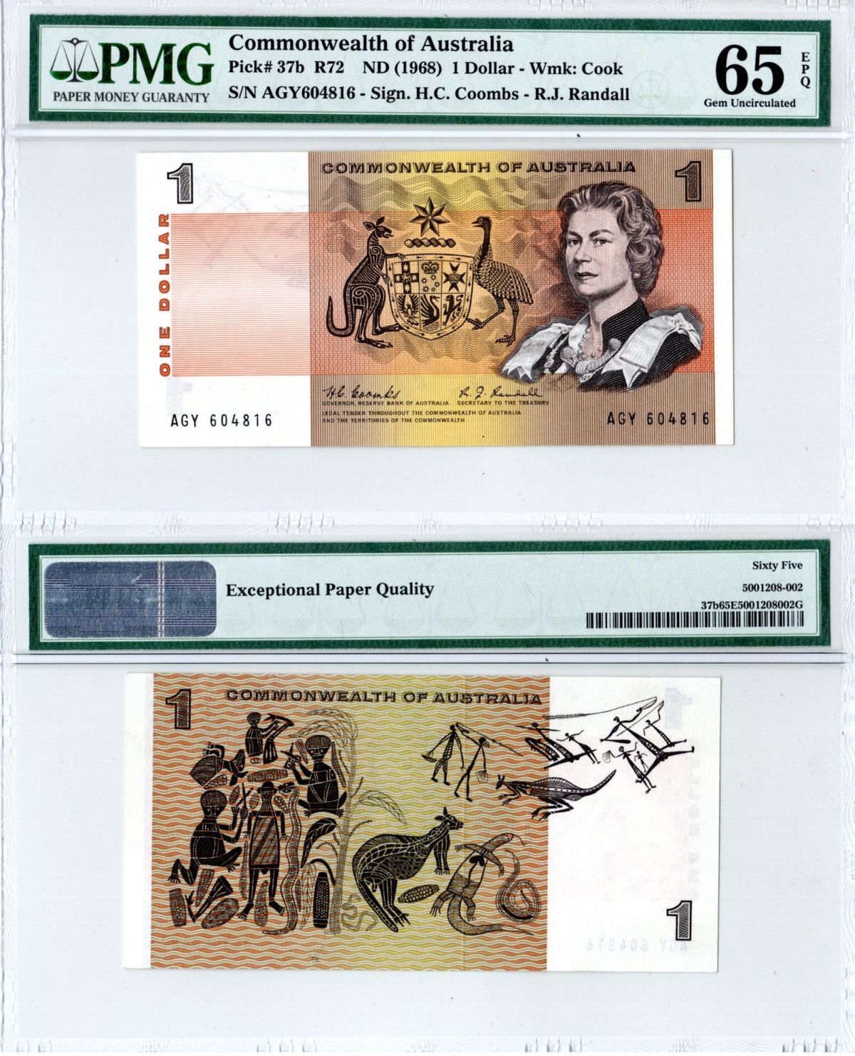 Австралия 1 доллар ND (1968) в холдере PMG 65, серия AGY Елизавета II (1952-2022), картины аборигенов Pick 37 b бумага 452-3-06