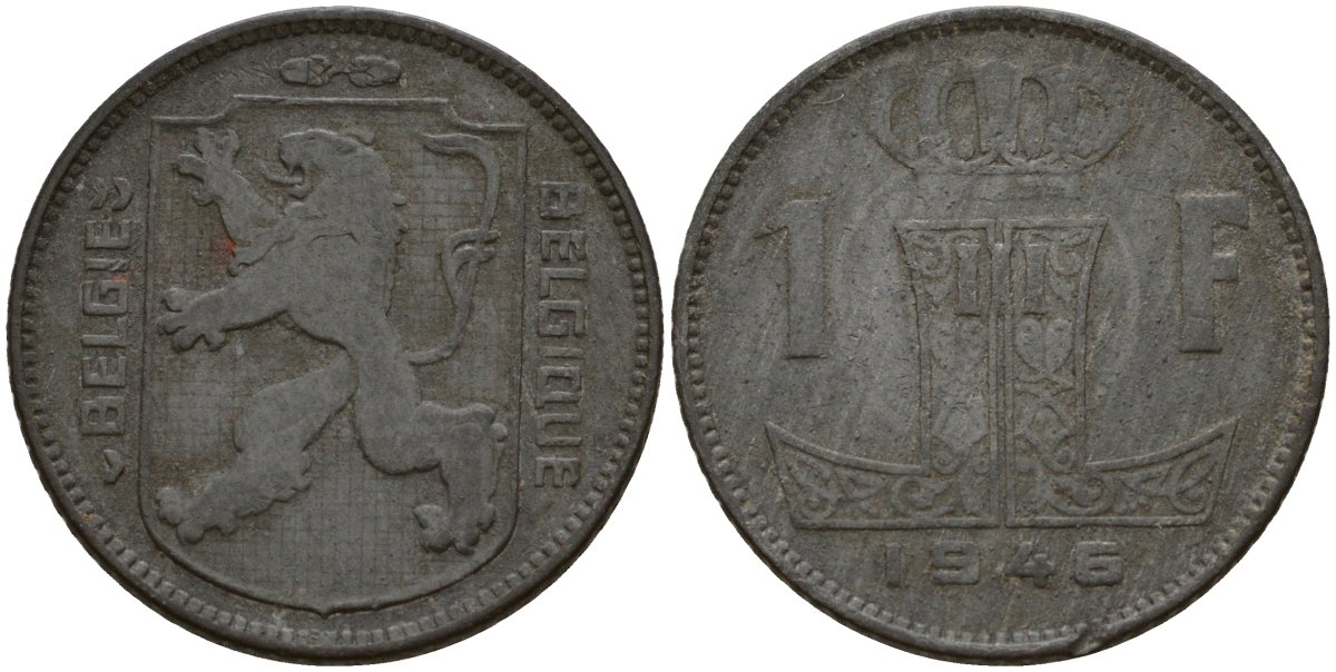 Бельгия 1 франк 1946 Belgie - Belgique, Леопольд III (1934-1947), германская оккупация, Вторая мировая война KM 128 цинк 4161-616